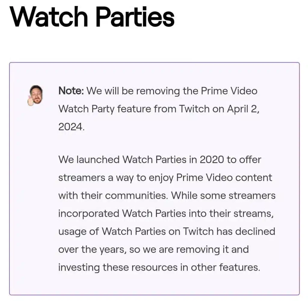 Watch Parties Discontinued on Twitch